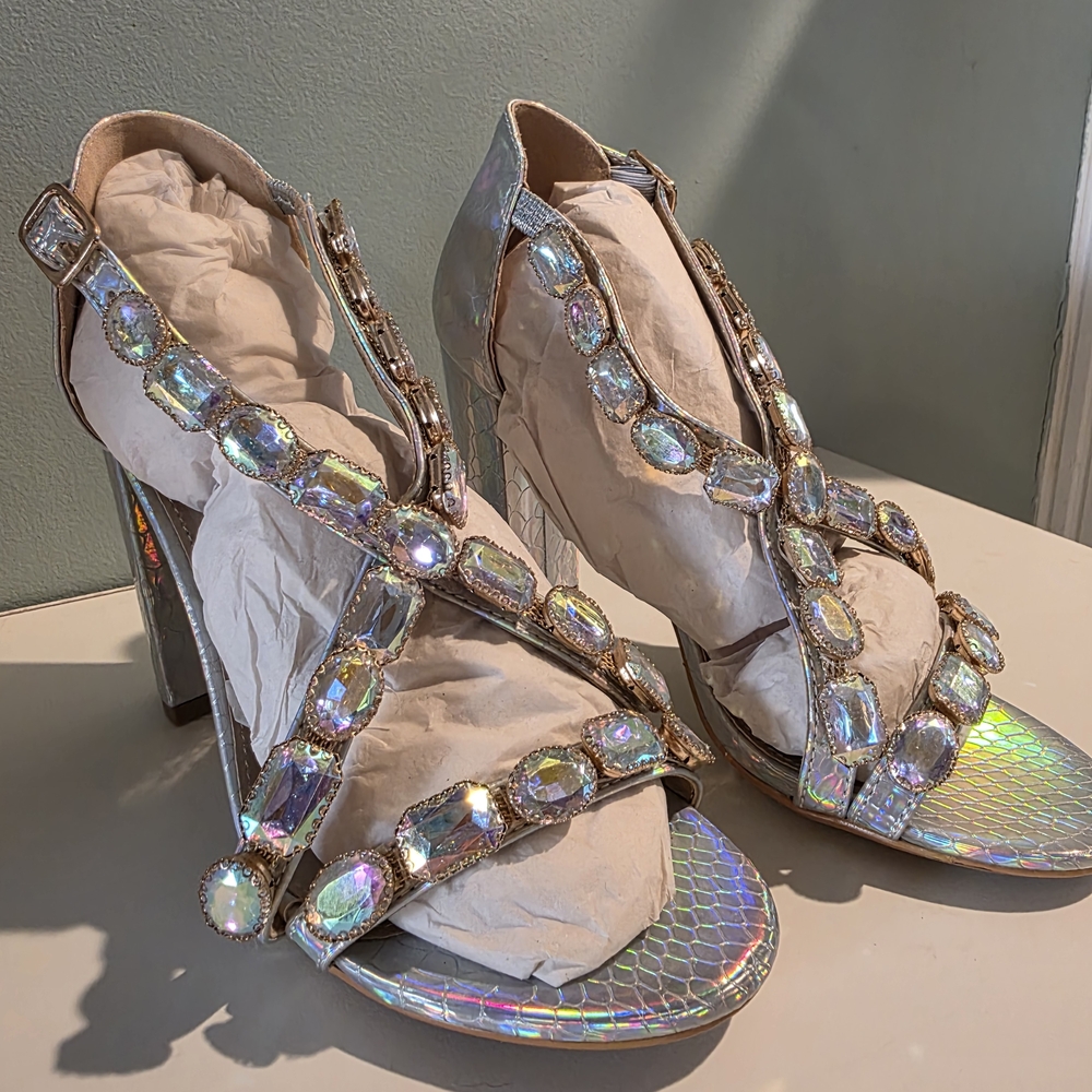 Iridescent Gemstone Strappy High Heels - Women's